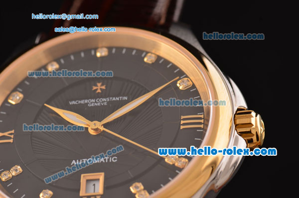 Vacheron Constantin Patrimony Swiss ETA 2824 Automatic Stainless Steel Case Gold Bezel with Brown Leather Strap and Black Dial Diamond Markers - Click Image to Close